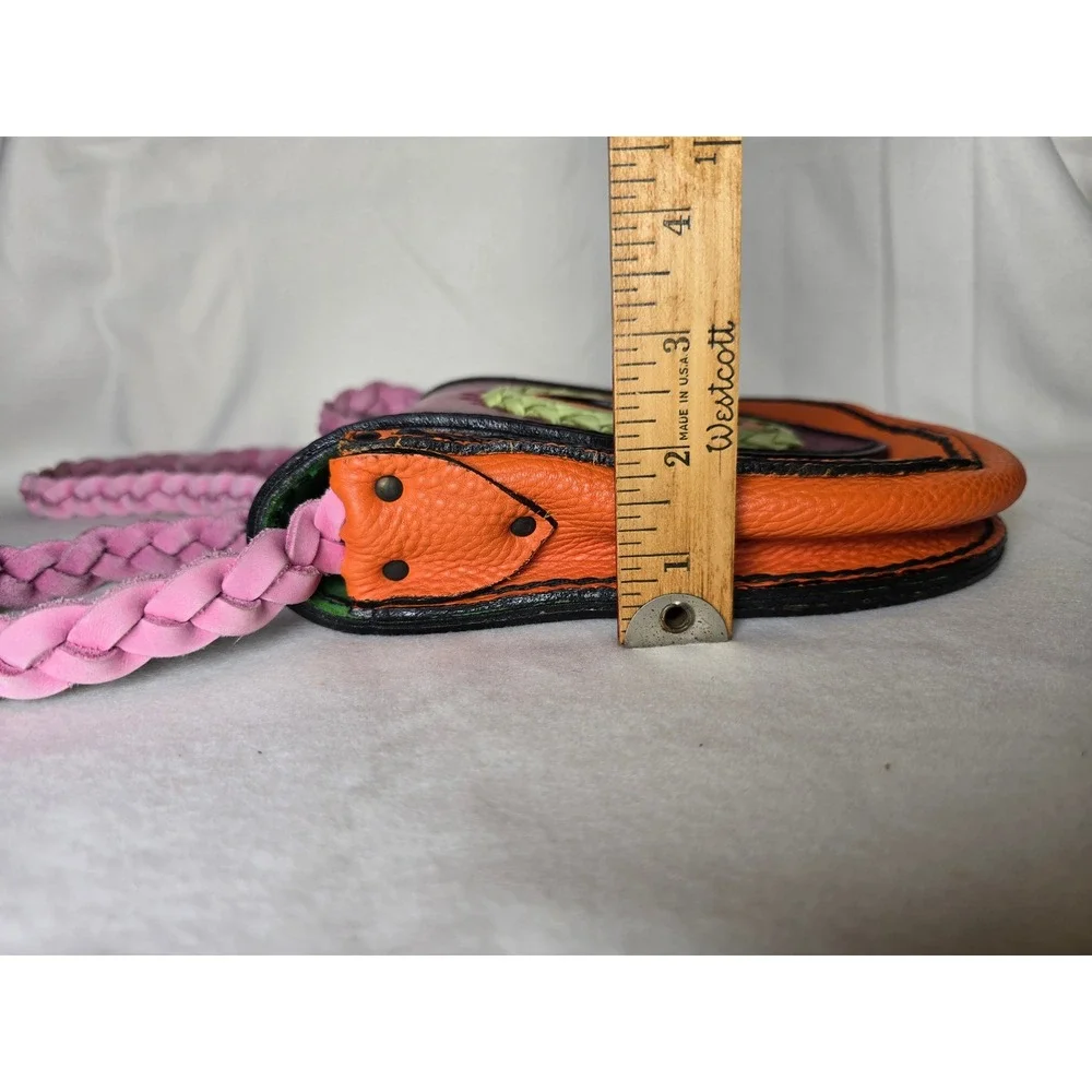 Handmade Leather Crossbody Bag Braided Strap Colorblock Pink Orange Green - Picture 9 of 16